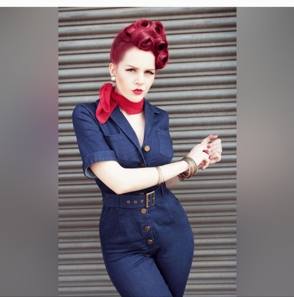 Collectif Jumpsuit  Pinup denim slight stretch SIZE M/L - Picture 1 of 7